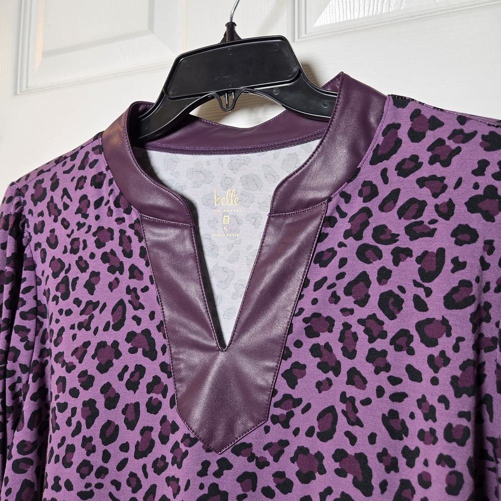 Belle Kim Gravel XL purple cheetah‎ tunic top faux leather trim casual bold fun - Picture 2 of 10